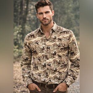 J.Crew Deer Print Chamois Rare Shacket Brown Outdoors Sportsman‎ Hunting L